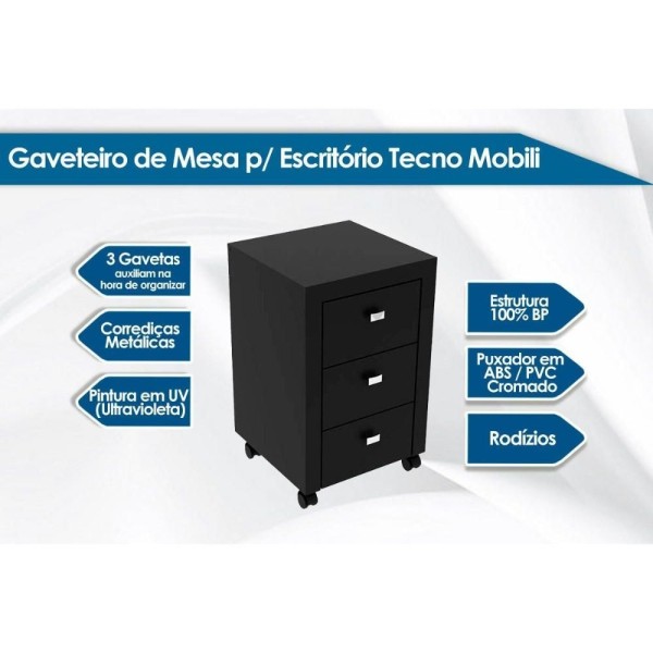Encontraproduto.com.br - Multiuso Escritório Me4108 C/ 3 Gavetas E Rodízios Nogal - Tecno Mobili