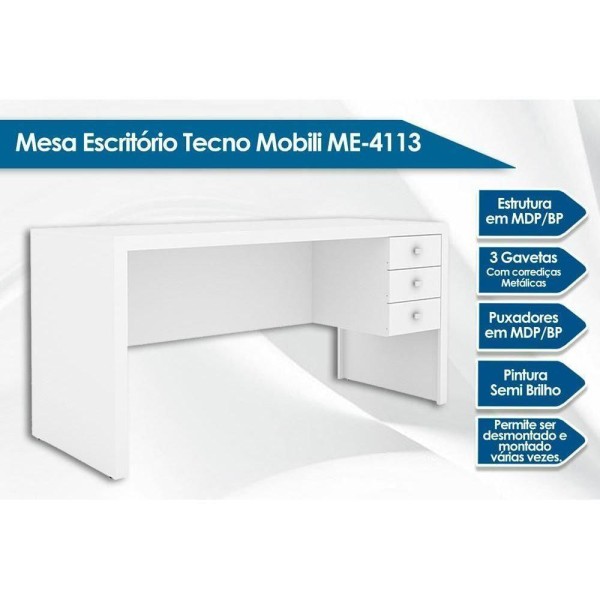 Encontraproduto.com.br - Escrivaninha p/ Escritório ME4113 c/ 3 Gavetas Rústico - Tecno Mobili