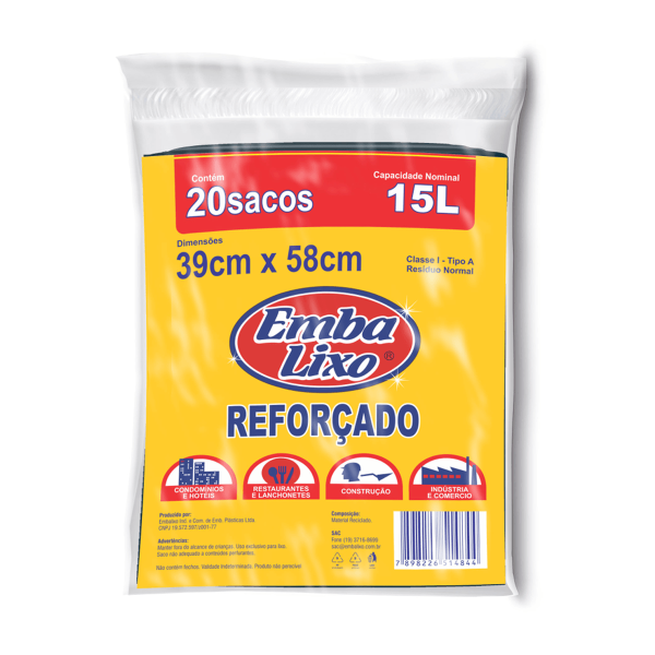 Encontraproduto.com.br - Saco para Lixo Reforçado Almofada Preto 15L com 20 unidades Embalixo
