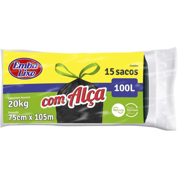 Encontraproduto.com.br - Saco de Lixo com Alça Embalixo Preto 100L Rolo com 15 unidades