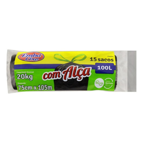 Encontraproduto.com.br - Saco de Lixo com Alça Embalixo Preto 100L Rolo com 15 unidades