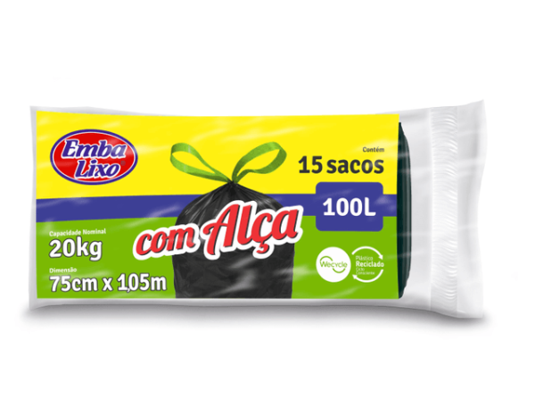 Encontraproduto.com.br - Saco de Lixo com Alça Embalixo Preto 100L Rolo com 15 unidades