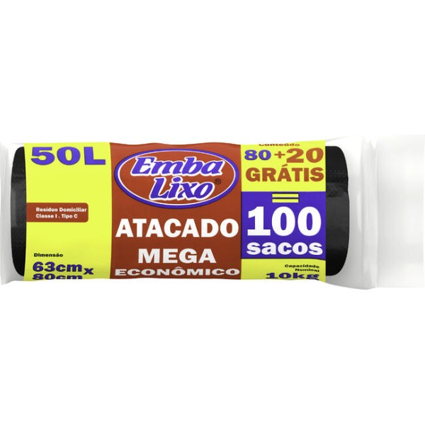 Saco de Lixo Embalixo Mega Econômico 50L Rolo com 100 unidades