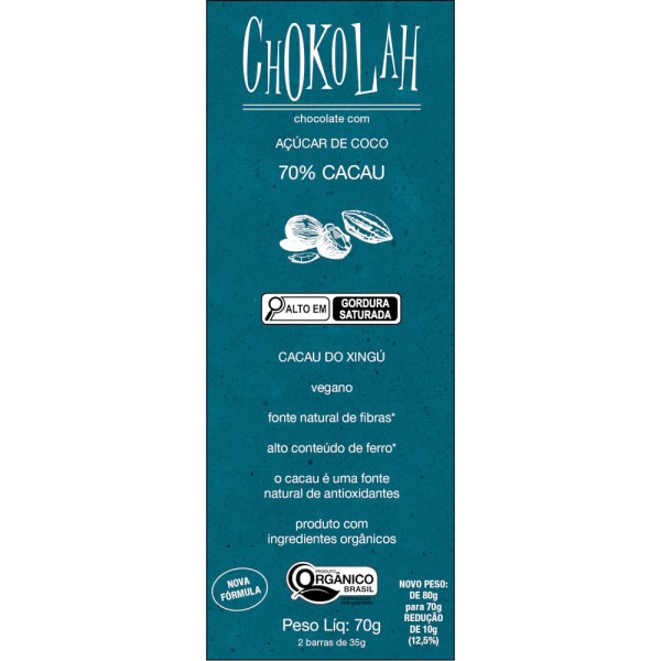 Chocolate 70% Cacau CHOKOLAH Vegano Cacau do Xingú Orgânico Açúcar de Coco 70g