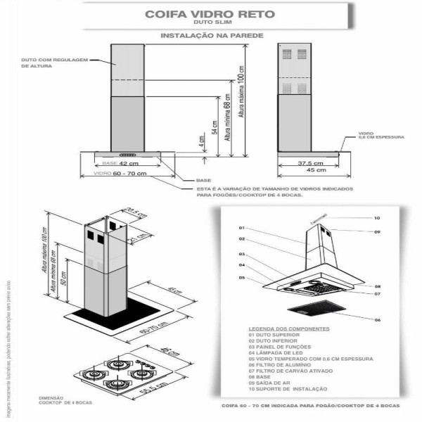 Encontraproduto.com.br - Coifa De Parede 70cm Vidro Reto Duto Slim Inox 220v