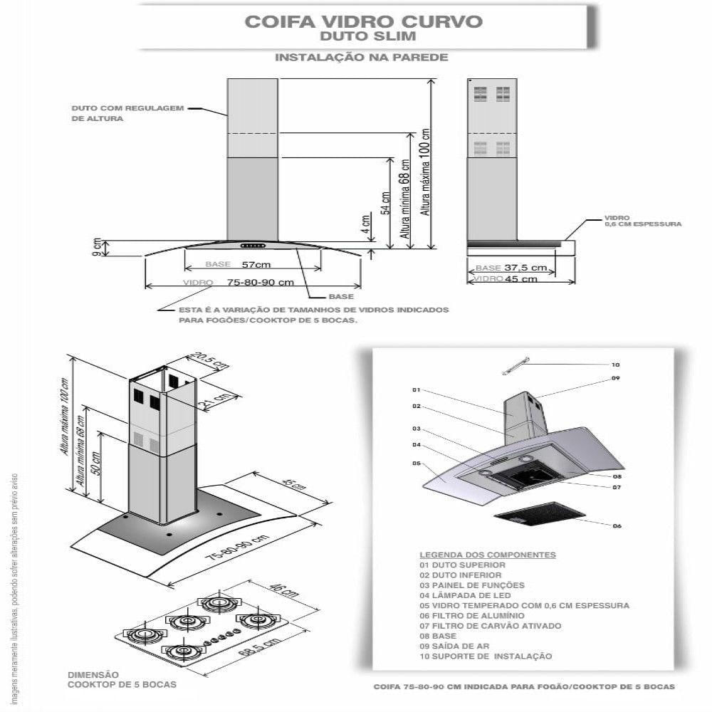 Encontraproduto.com.br - Coifa De Parede Clean Vidro Curvo 80cm 140w 110v