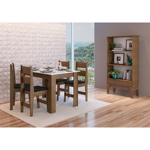 Encontraproduto.com.br - Conjunto de Jantar Retrô Mesa Fixa 4 Cadeiras Estante Buffet Móveis Canção