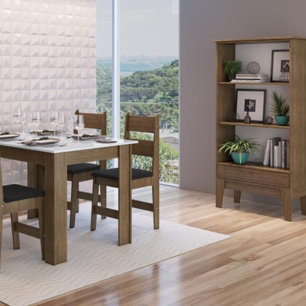 Encontraproduto.com.br - Conjunto de Jantar Retrô Mesa Fixa 4 Cadeiras Estante Buffet Móveis Canção