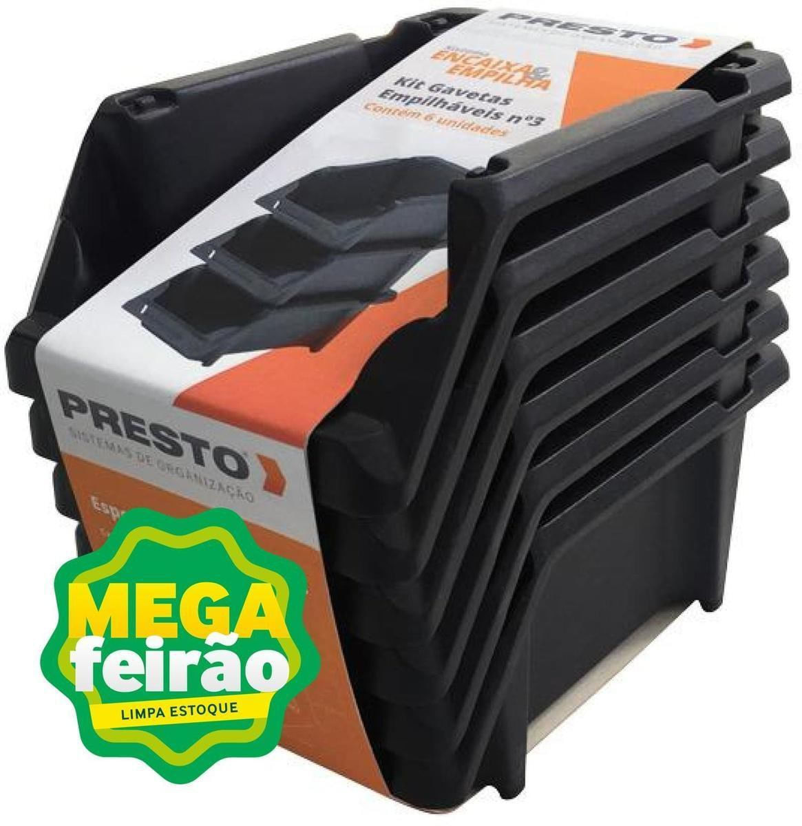 Encontraproduto.com.br - Kit com 6 Gavetas Presto Nº3 Preta Sistema Encaixa