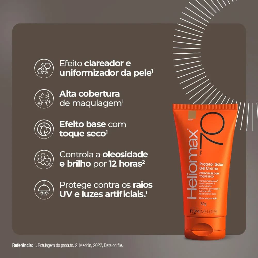 Encontraproduto.com.br - Protetor Solar Facial FPS70 Gel Creme Heliomax Efeito Base com Toque Seco Cor Médio - Bisnaga com 50g