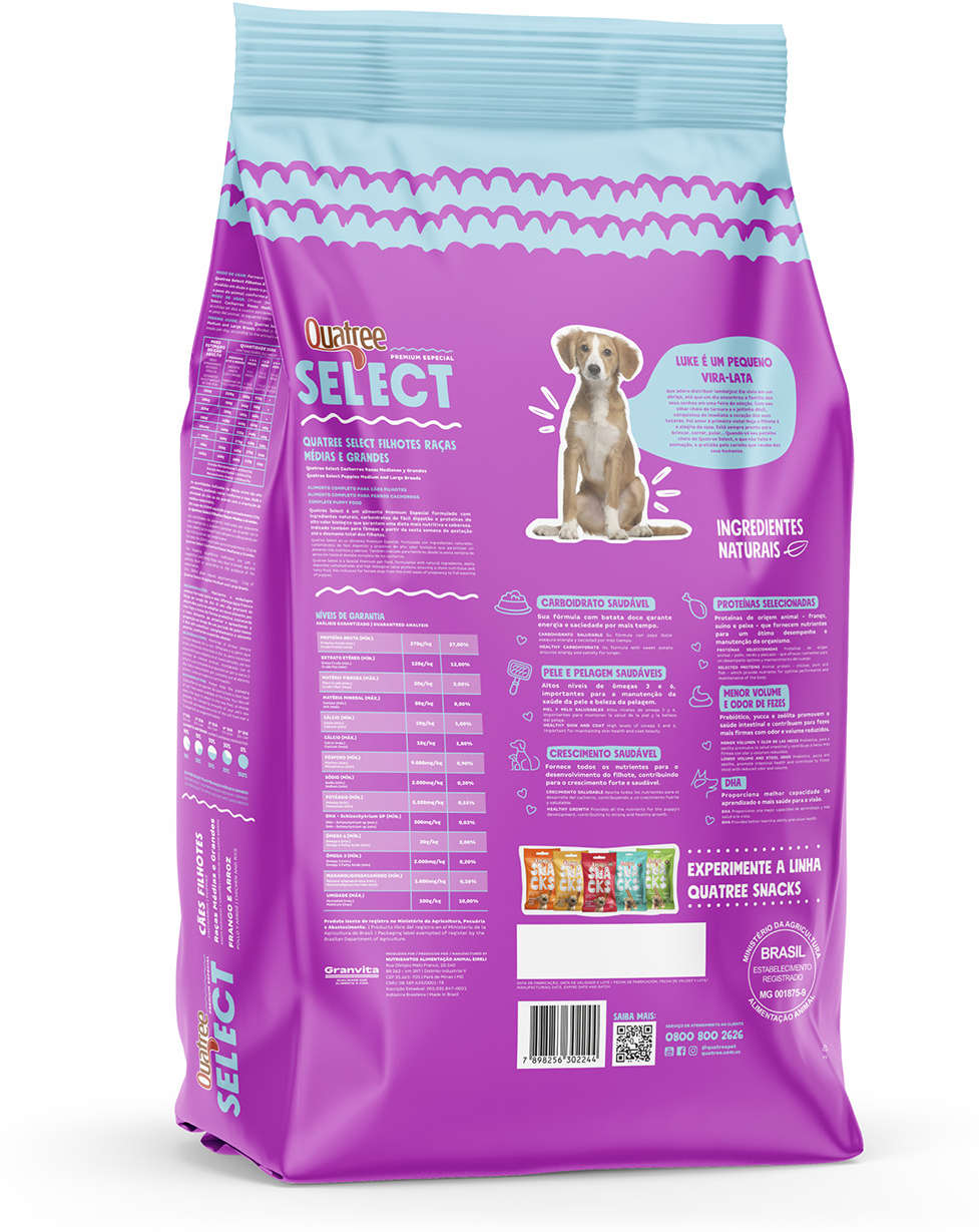 Encontraproduto.com.br - Ração Quatree Select Cães Filhotes Raças Médias e Grandes Frango e Arroz