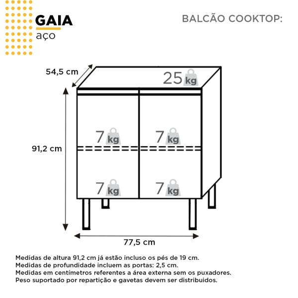 Encontraproduto.com.br - Balcão Cooktop Cozinha Aço Sem Tampo Gaia 77X91X53 Branco Cozimax