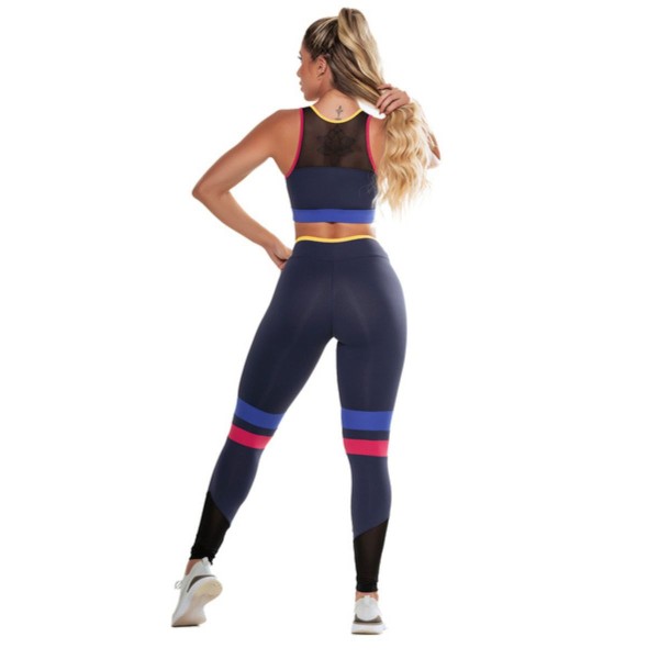 Encontraproduto.com.br - Conjunto Feminino Academia Cropped Gola U + Legging Cintura Alta Poliamida Compressão Modelador UV50