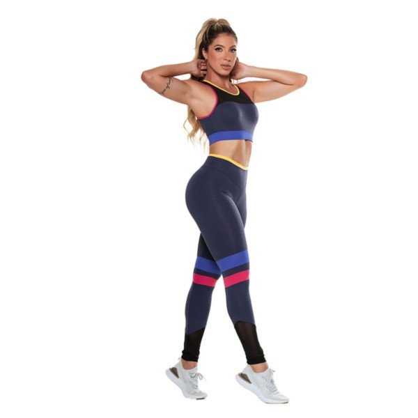 Encontraproduto.com.br - Conjunto Feminino Academia Cropped Gola U + Legging Cintura Alta Poliamida Compressão Modelador UV50