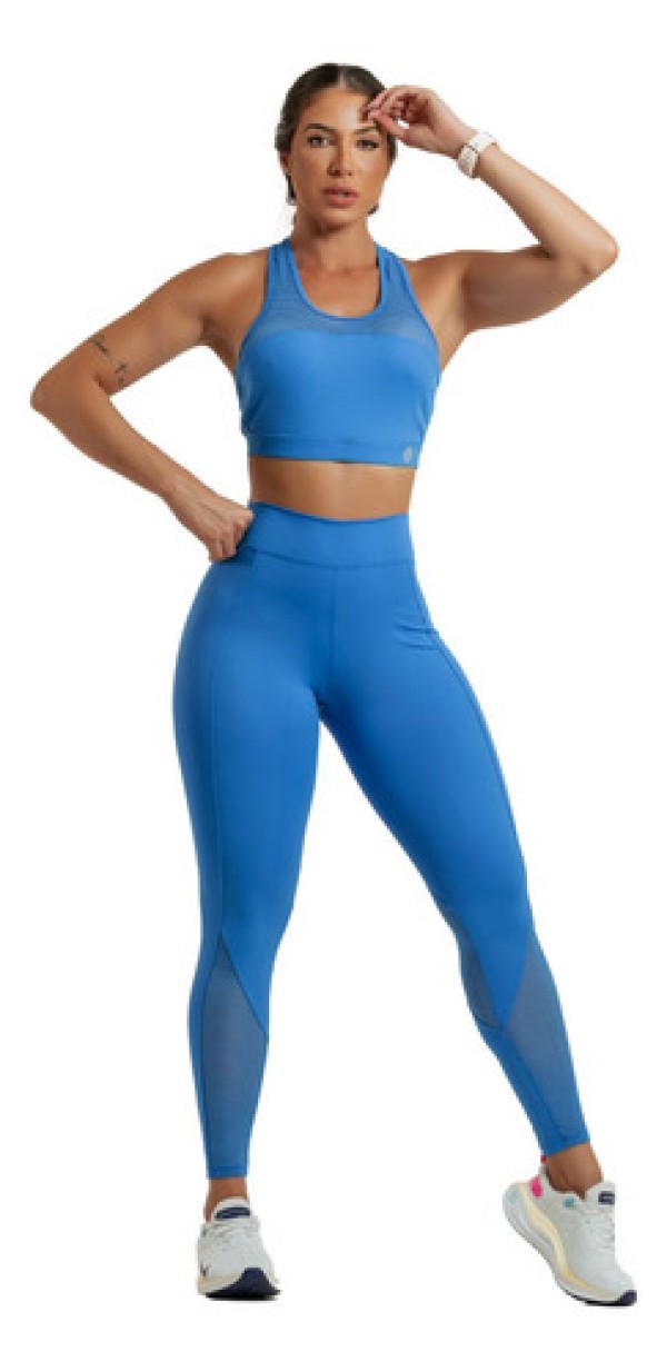 Encontraproduto.com.br - Conjunto Fitness Top e Legging Poliamida Zero Transparência Acabemento Tule Jaquard Compressão UV50+