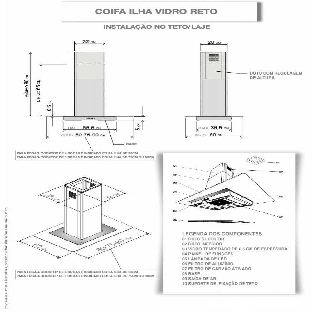 Encontraproduto.com.br - Coifa Fogatti Ilha Black Vidro Reto Preto 220v