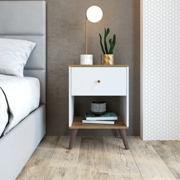 Encontraproduto.com.br - Mesa de Cabeceira com 1 Gaveta e 1 Nicho - Branco/Mel