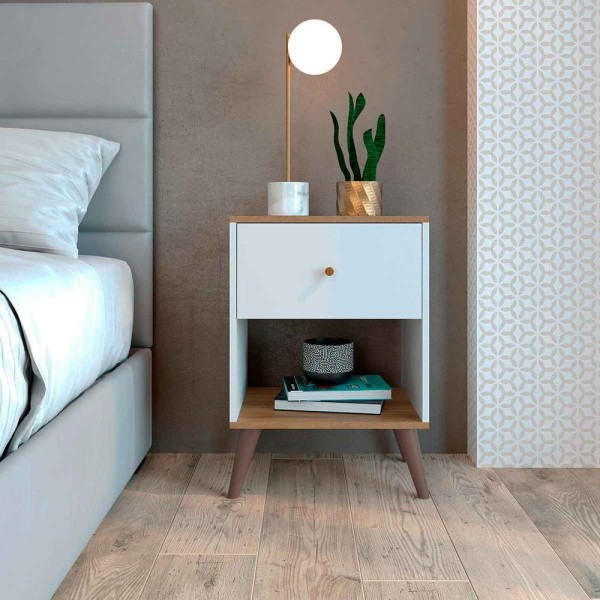 Encontraproduto.com.br - Mesa de Cabeceira com 1 Gaveta e 1 Nicho - Branco/Mel