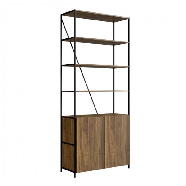Encontraproduto.com.br - Kit Industrial para Escritório com Mesa e Estante com 2 Portas - Preto/Carvalho