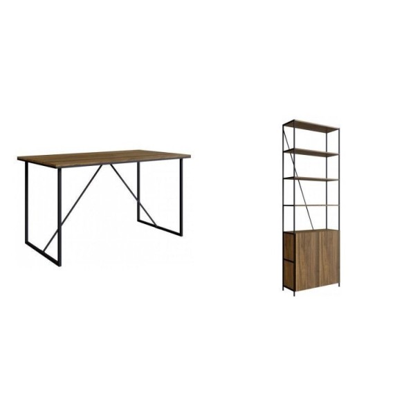 Encontraproduto.com.br - Kit Industrial para Escritório com Mesa e Estante com 2 Portas - Preto/Carvalho