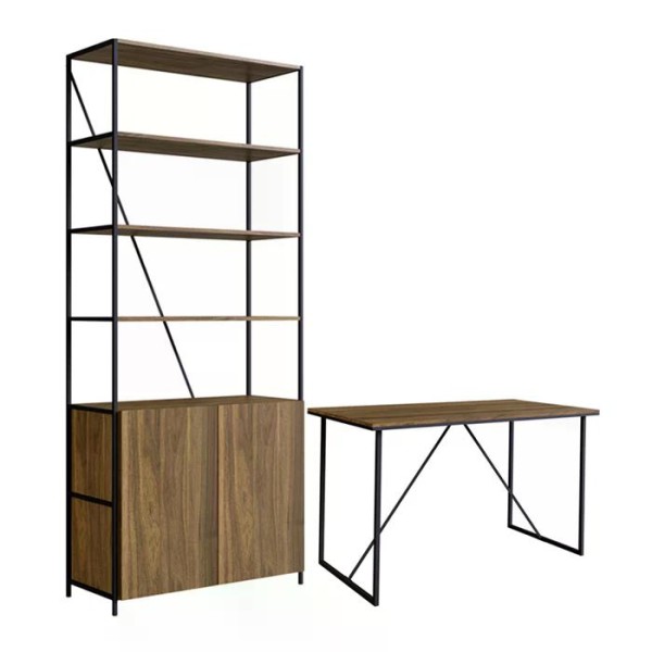Encontraproduto.com.br - Kit Industrial para Escritório com Mesa e Estante com 2 Portas - Preto/Carvalho
