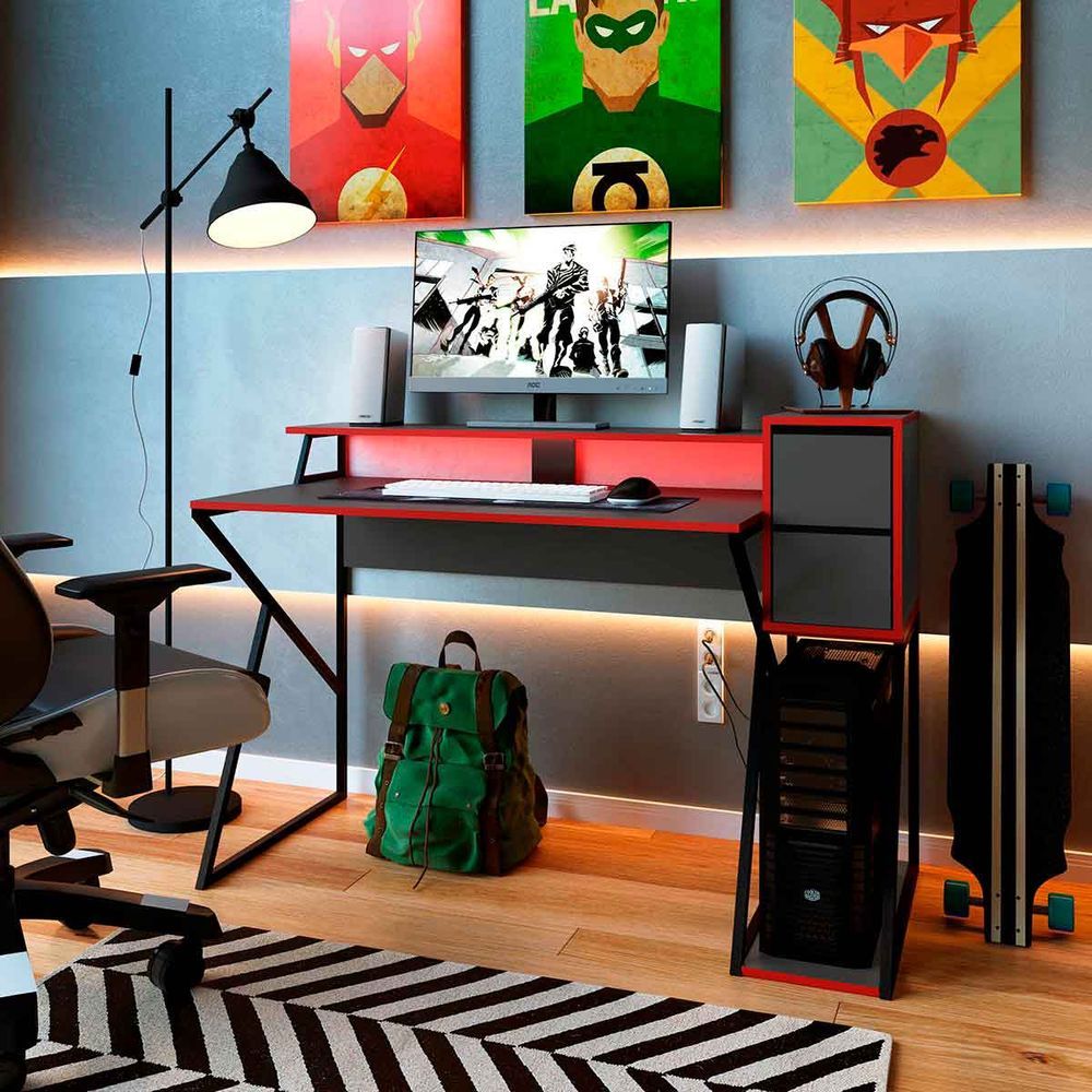 Encontraproduto.com.br - Mesa Escrivaninha Gamer Zed com 2 Gavetas - Preto/Vermelho/Grafite
