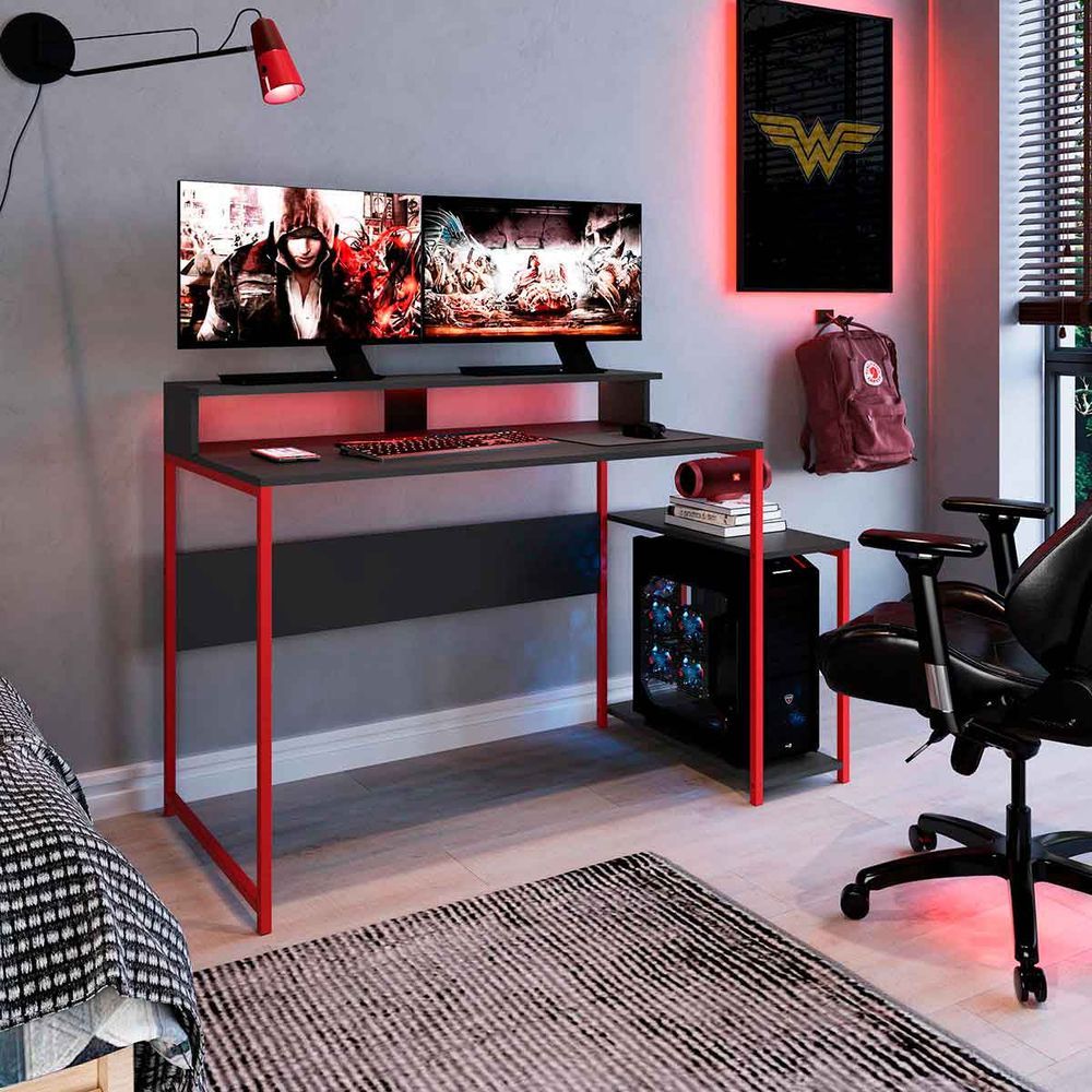 Encontraproduto.com.br - Mesa Escrivaninha Gamer Ryze com 2 Nichos - Vermelho/Grafite