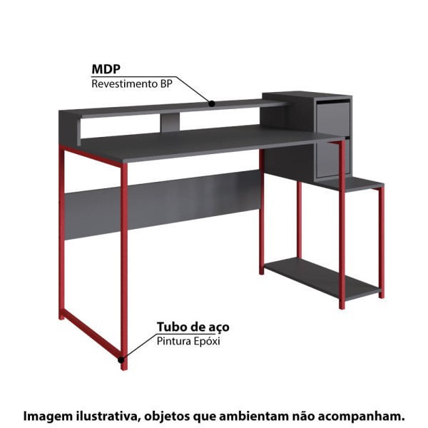 Encontraproduto.com.br - Mesa Escrivaninha Gamer Ryze com 2 Gavetas - Vermelho/Grafite