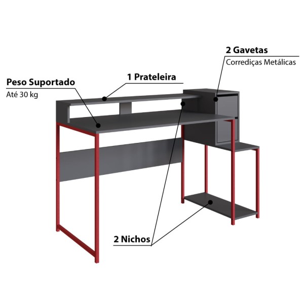 Encontraproduto.com.br - Mesa Escrivaninha Gamer Ryze com 2 Gavetas - Vermelho/Grafite