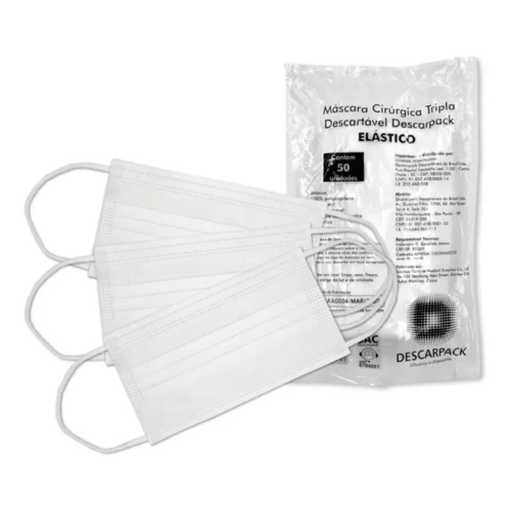 Encontraproduto.com.br - Máscara Cirúrgica Tripla Descartável Descarpack com Elástico 50 Unidades