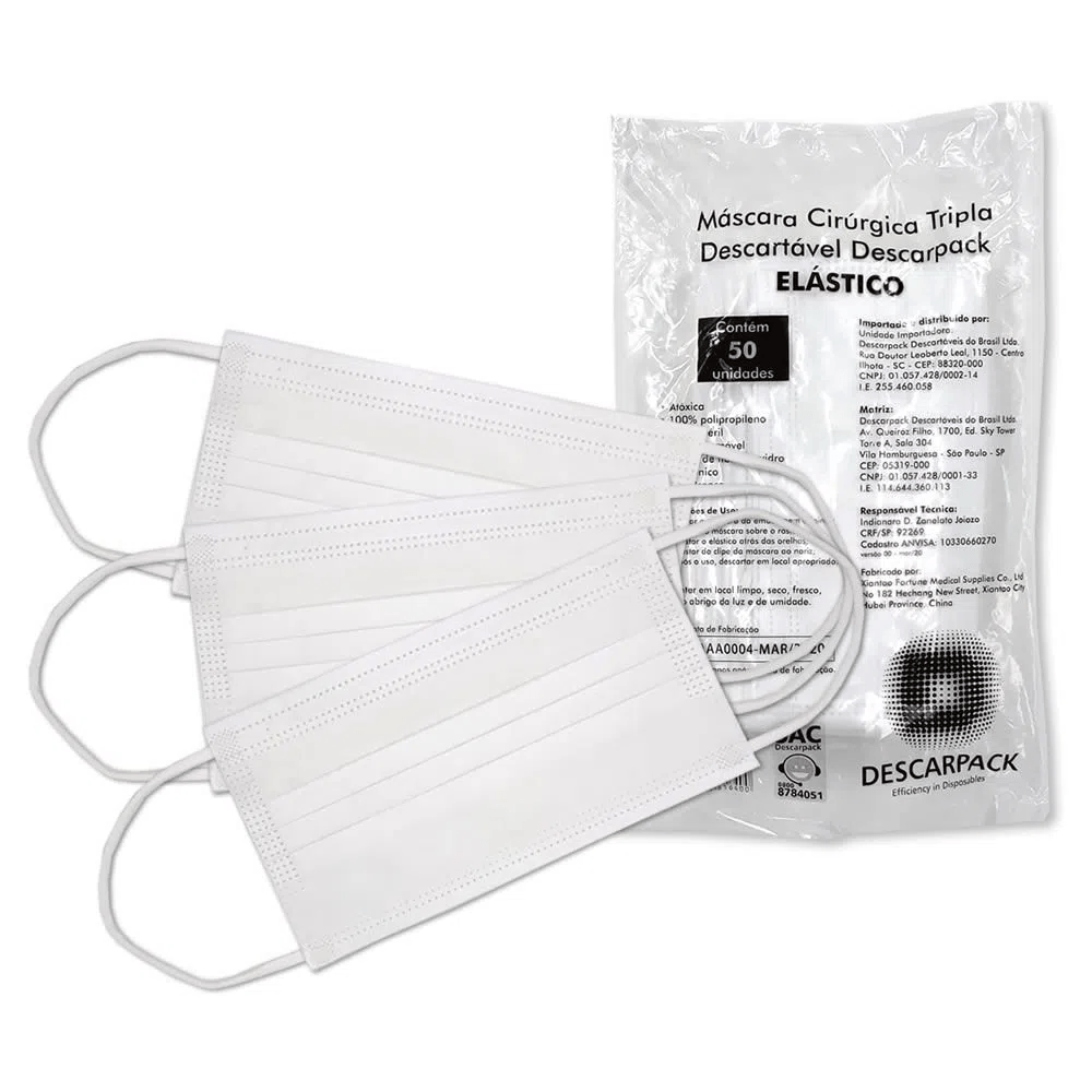 Encontraproduto.com.br - Máscara Cirúrgica Tripla Descartável Descarpack com Elástico 50 Unidades