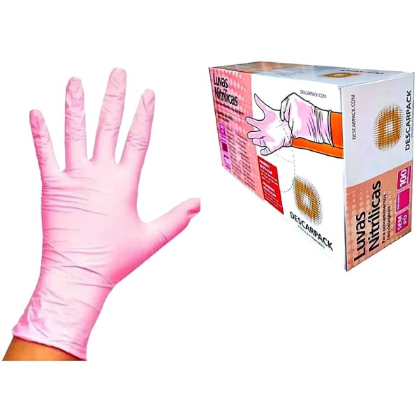 Encontraproduto.com.br - Luva Nitrílica Descarpack Sem Pó Rosa Tam PP - 100 luvas