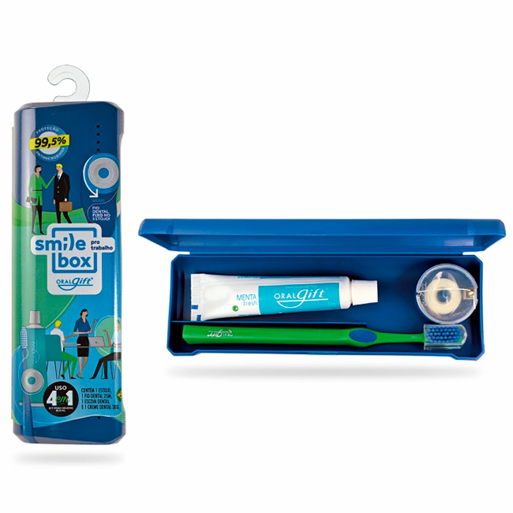 Encontraproduto.com.br - Kit Trabalho SmileBox OralGift Estojo, Fio Dental, Escova Dental e Creme Dental