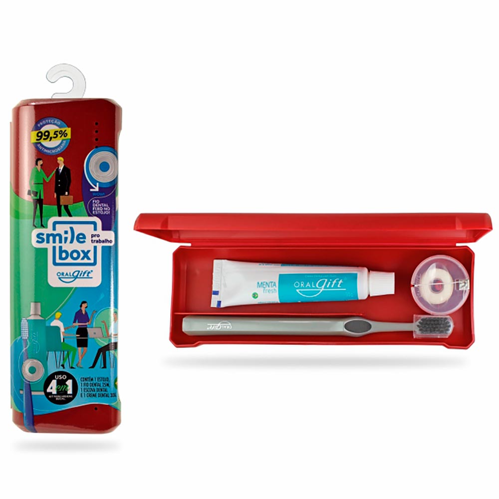 Encontraproduto.com.br - Kit Trabalho SmileBox OralGift Estojo, Fio Dental, Escova Dental e Creme Dental