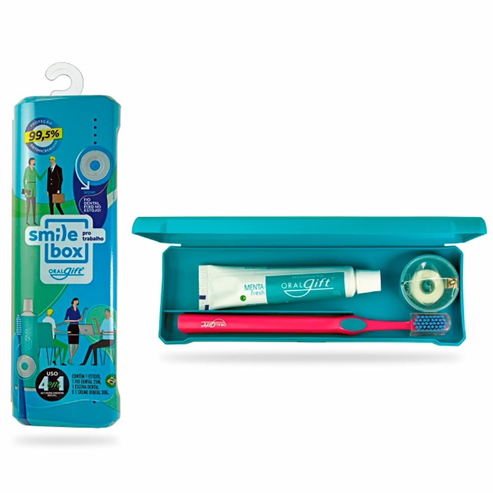 Encontraproduto.com.br - Kit Trabalho SmileBox OralGift Estojo, Fio Dental, Escova Dental e Creme Dental
