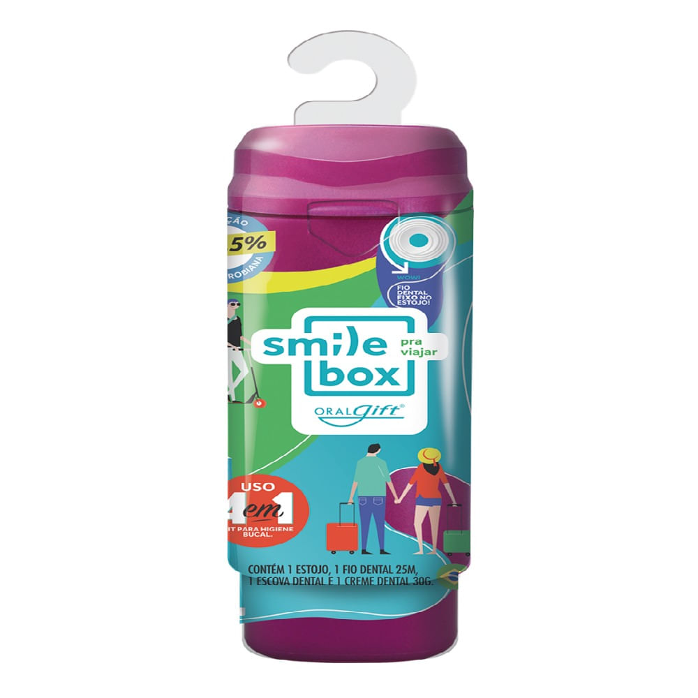 Encontraproduto.com.br - Kit OralGift Smilebox Para Viajar Violeta 1 Estojo + 1 Fio Dental 25m + 1 Escova Dental + 1 Creme Dental 30g