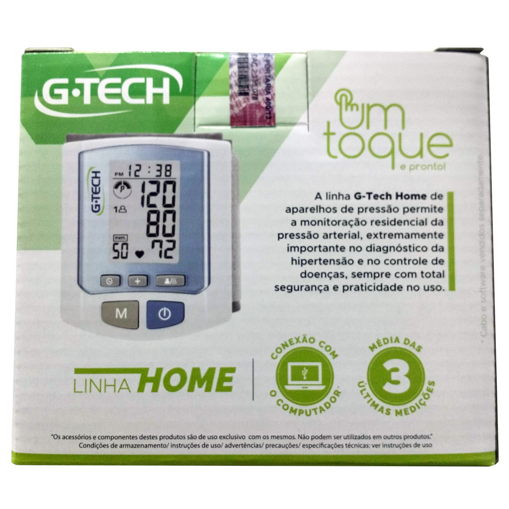 Encontraproduto.com.br - Monitor Pressão Arterial G-Tech Digital Pulso BPRW450 com 100 Memórias (Emb. contém 1un.)
