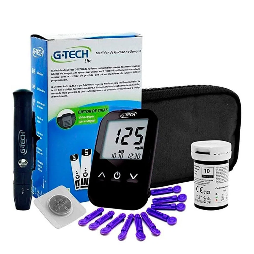 Encontraproduto.com.br - Monitor de Glicemia G-Tech com 1 Aparelho + 1 Lancetador + 10 Lancetas + 10 Tiras