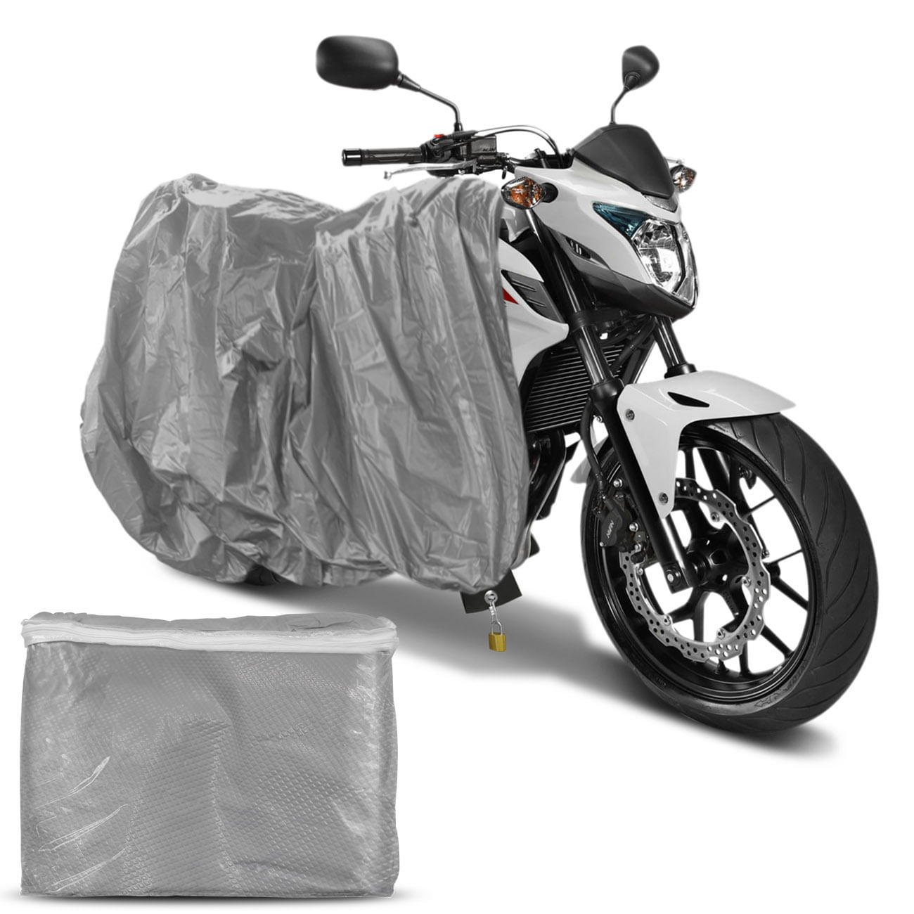 Encontraproduto.com.br - Capa Para Moto Forrada Impermeável Sol Chuva Tamanhos P M G Prata com Cadeado