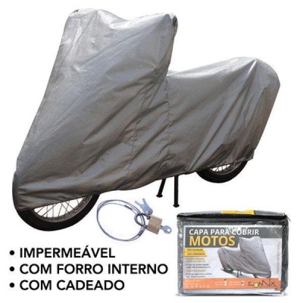 Capa Para Moto Forrada Impermeável Sol Chuva Tamanhos P M G Prata com Cadeado