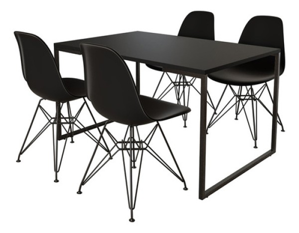 Mesa Industrial Base Ferro Preto 137X90 Tampo Preto 4 Cadeiras Eiffel Ferro Preto Assento Preto
