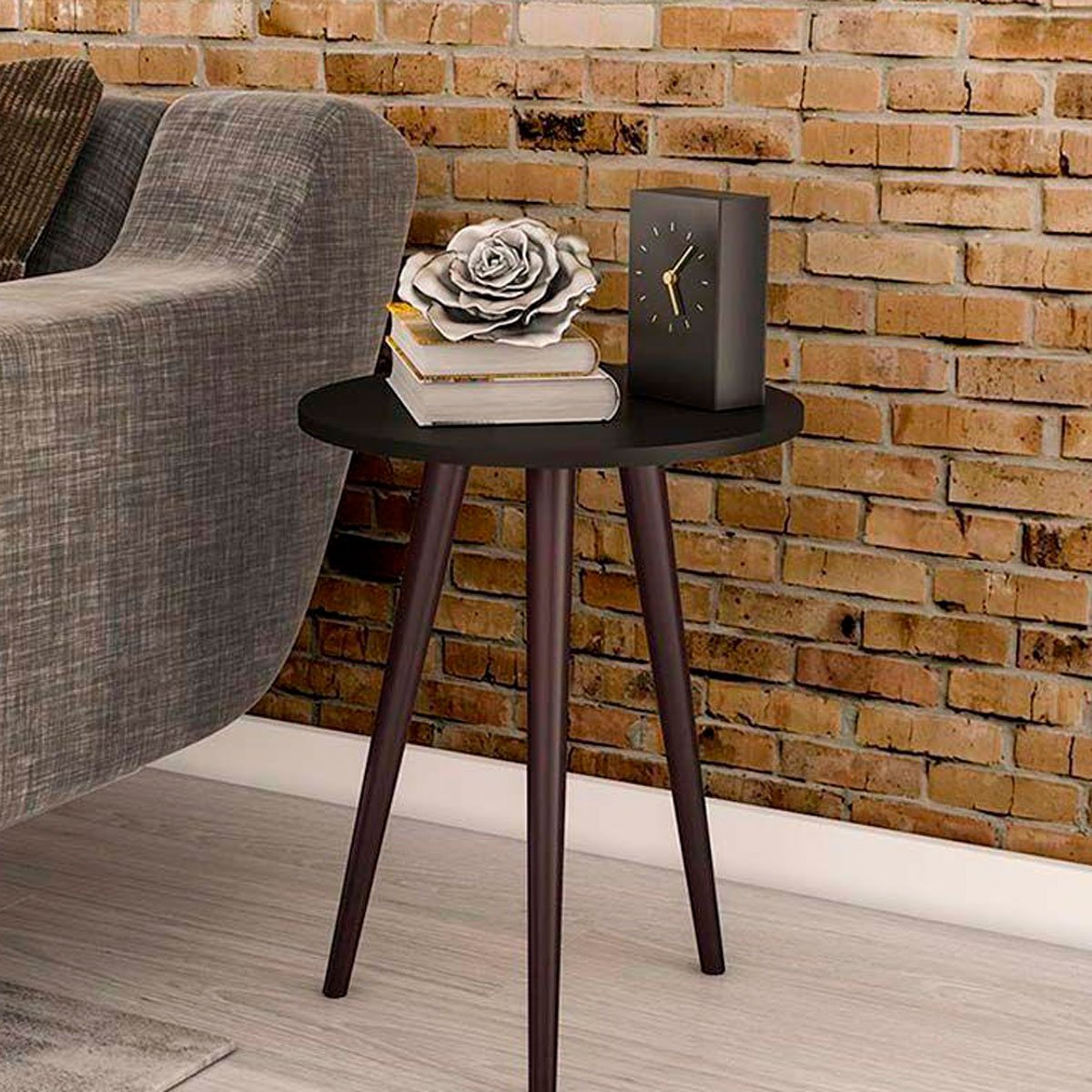 Encontraproduto.com.br - Mesa lateral Redonda Bento com Pés em Madeira Maciça - Preto