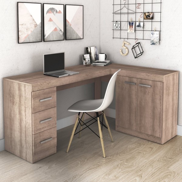 Mesa de Escritório em L com 3 Gavetas e 2 Portas - Rústico