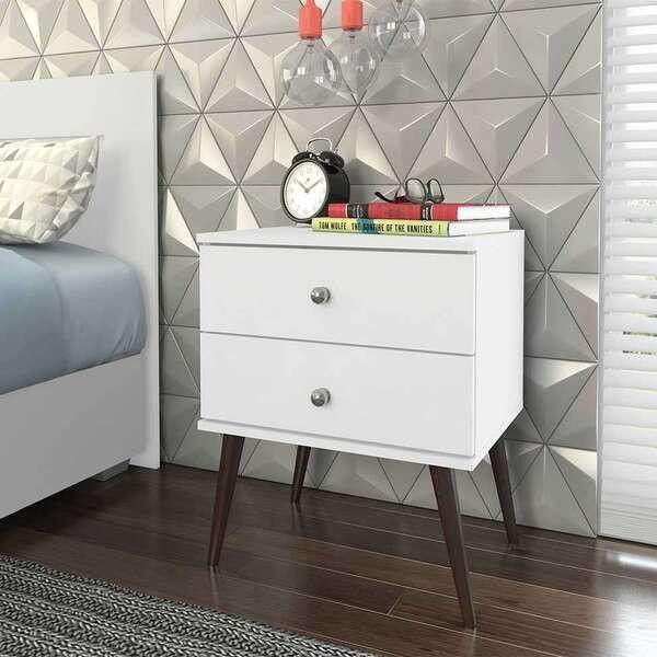 Encontraproduto.com.br - Mesa de Cabeceira 2 Gavetas com Pés Palito em Madeira - Branco