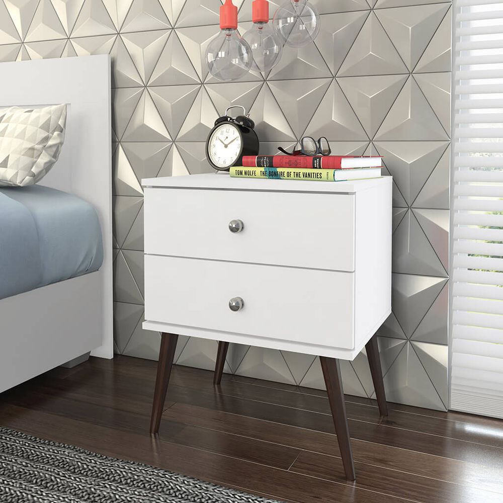 Encontraproduto.com.br - Mesa de Cabeceira 2 Gavetas com Pés Palito em Madeira - Branco