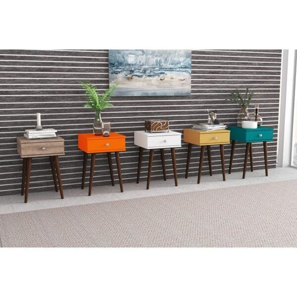 Encontraproduto.com.br - Mesa Lateral 1 Gaveta com Pés de Madeira Retrô - Rústico