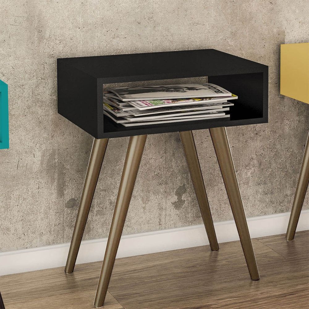 Encontraproduto.com.br - Mesa de Canto Retrô 1 Nicho Aberto com Pés em Madeira - Preta