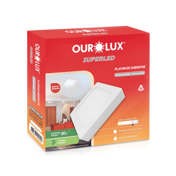 Plafon de Sobrepor Quadrado Led 24W 2700K Luz Amarela Bivolt  - Ourolux