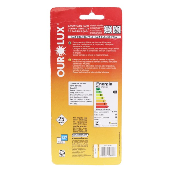 Encontraproduto.com.br - Lâmpada Ourolux Elet 3U 25W 127V 6400K