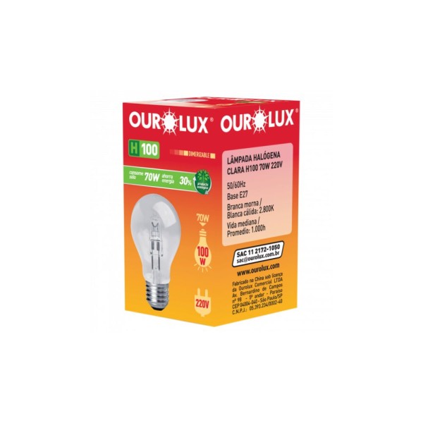 Encontraproduto.com.br - Lâmpada Eco Halógena Clara H100 70w 220v Ourolux